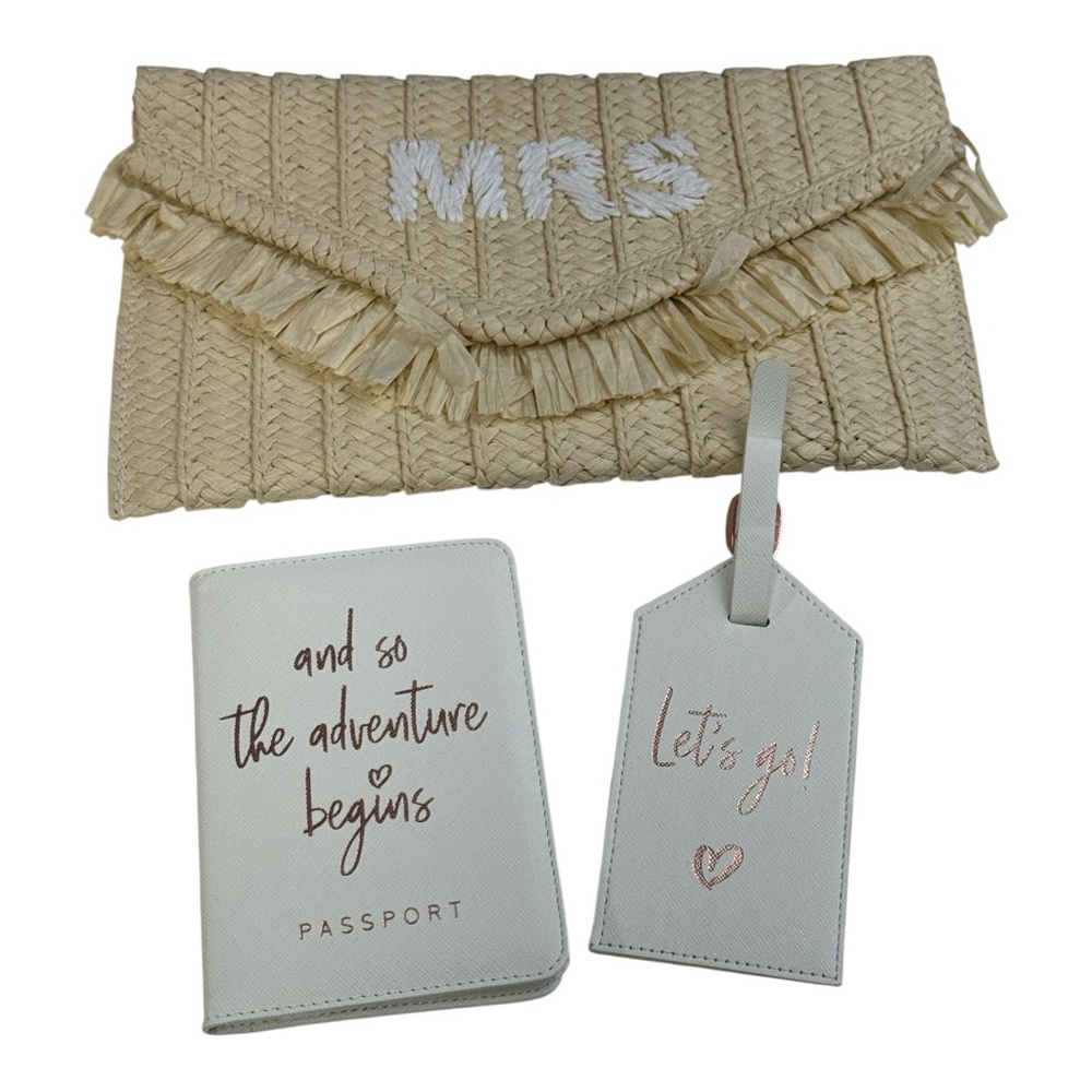 MRS Bride Beige Woven Clutch with Passport Holder and Luggage Tag